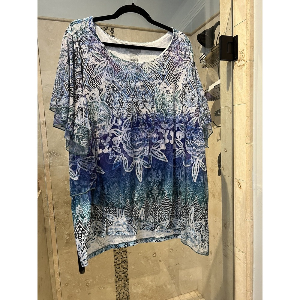 Catherines Multicolor Mesh Layered Short Sleeve Shirt Blue Purple White 3X